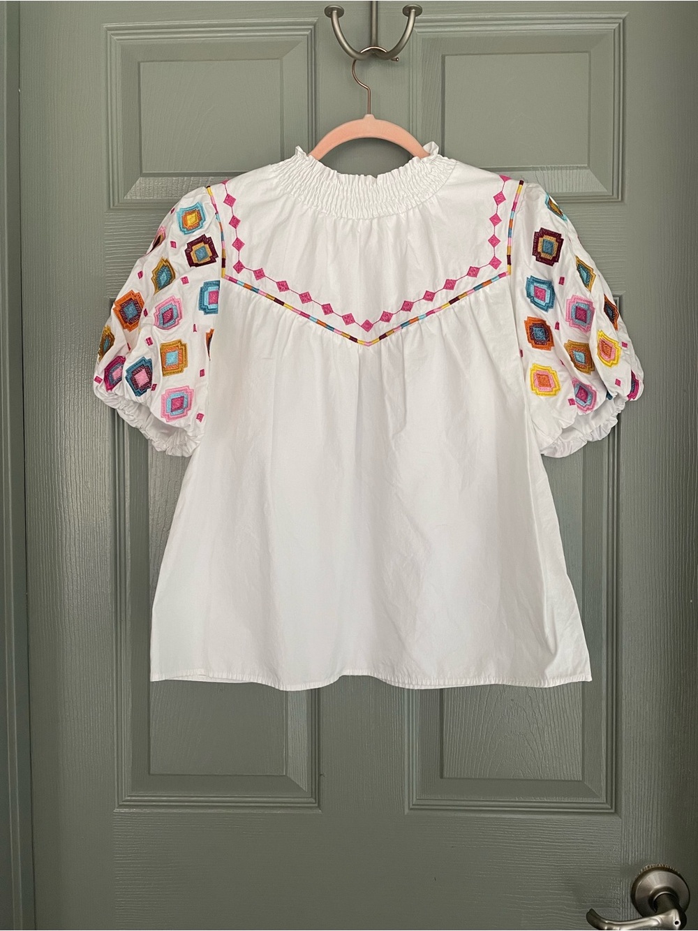 White Fiesta Mexico Smocked Neck Blouse with Colorful Embroidered Puff Sleeves
